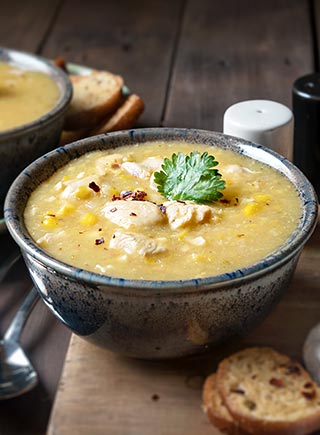 Cream style corn soup with chicken bits 